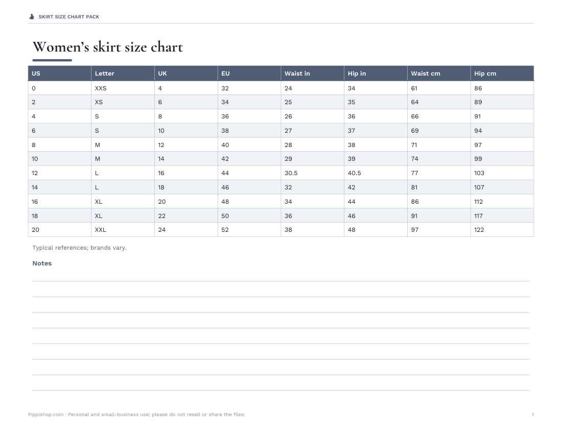 Preview of the first page of Size chart (PDF/XLSX)
