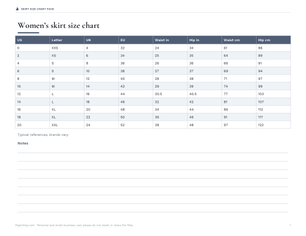 Preview of Printable Women’s Skirt Size Chart